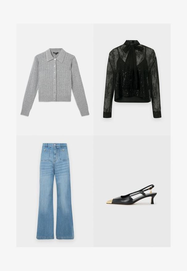 Grå ribbestrikket cardigan med krage, syv-knapp frontlukking og dekorert kragedetalj. Myk strikket tekstur, tettsittende fasong.; Svart gjennomsiktig bluse med lange ermer, med blonderoverlegg og paljettdetaljer, toppet med en slipsknute i halsen og en kort design.; Lys blå denimbukser med vid ben-design, med to frontlommer og to baklommer, avsluttet med råsøm og knappelukking.; Svarte skinn slingback-sko med spiss tå og gullmetallhette. Har utskjæringsdesign og en slank hæl med justerbar stropp.