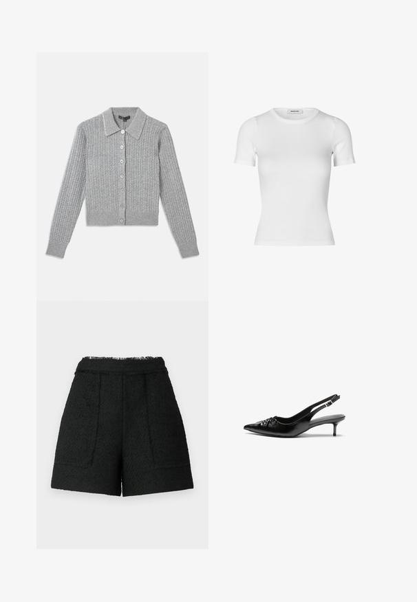 Grå ribbestrikket cardigan med krage, syv-knapp frontlukking og dekorert kragedetalj. Myk strikket tekstur, tettsittende fasong.; Hvit kortermet t-skjorte laget av ribbet materiale. Har rund hals og en tettsittende silhuett. Glatt tekstur uten mønstre.; Sorte shorts laget av teksturert stoff med en frynset kant, har to frontlommer og en skreddersydd passform.; Sorte skinnert remsandaler med spiss tå, liten kittenhæl og en dekorativ knute detalj foran. Glatt tekstur gjennom hele.