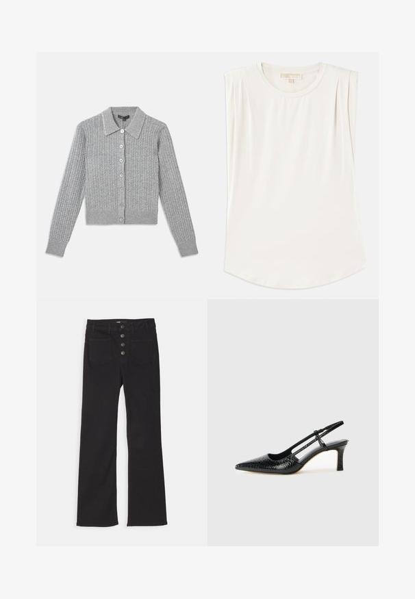 Sivý rebrovaný cardigan s golierovým výstrihom, s predným zapínaním na sedem gombíkov a zdobeným detailom goliera. Mäkko pletená textura, priliehavý strih.; Biely top bez rukávov vyrobený z hladkej tkaniny, s okrúhlym výstrihom a jemnými skladmi na pleciach, s zakriveným lemom.; Čierne riflové nohavice s rozšírenými nohavicami a vysokým pásom, s piatimi vreckami a predným zapínaním na tlačidlá so štyrmi kovovými gombíkmi.; Čierne patentové slingback topánky na ihlovom podpätku s špicatou špičkou, s textúrovaným hadím vzorom, nastaviteľným popruhom a krátkym, textúrovaným blokovým podpätkom.