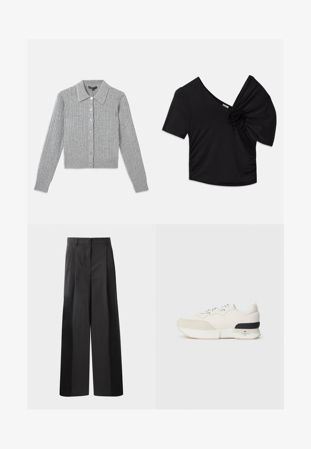 Šedý žebrovaný cardigan s límečkovým výstřihem, předním zapínáním na sedm knoflíků a zdobeným detailem límečku. Měkká pletená textura, přiléhavý střih.; Černý top s krátkými rukávy, který má hluboký V- výstřih a texturovaný květinový detail na jednom rameni s nařasením na boku.; Černé kalhoty širokého střihu s vysokým pasem, které mají přední sklady, hladký povrch a upravený vzhled. Navrženy pro volný střih.; Bílé tenisky s texturovanou semišovou špičkou, hladkým síťovaným svrškem, ozdobnými tkaničkami a černým gumovým akcentem na patě.