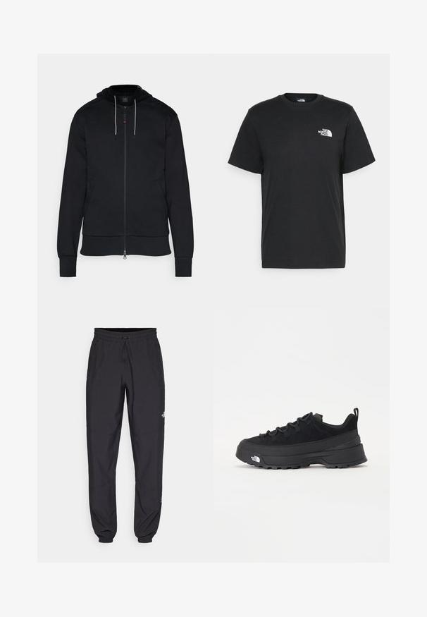 Zwarte ritssluiting hoodie van katoen. Voorzien van een capuchon met trekkoord, zijzakken en geribbelde boorden. Gladde textuur met minimale designelementen.; Zwarte katoenen T-shirt met korte mouwen, ronde hals en een klein wit logo op de linkerkant van de borst. Eenvoudig ontwerp, gladde textuur en een comfortabele pasvorm.; Zwarte sportieve broek gemaakt van lichtgewicht stof, met een trekkoord in de taille, zijzakken en taps toelopende boorden bij de enkels.; Zwarte outdoor sneaker met een suede bovenkant, een gestructureerde rubberen zool en een stevig vetersysteem. Heeft een versterkte hiel en een merklogo aan de zijkant.