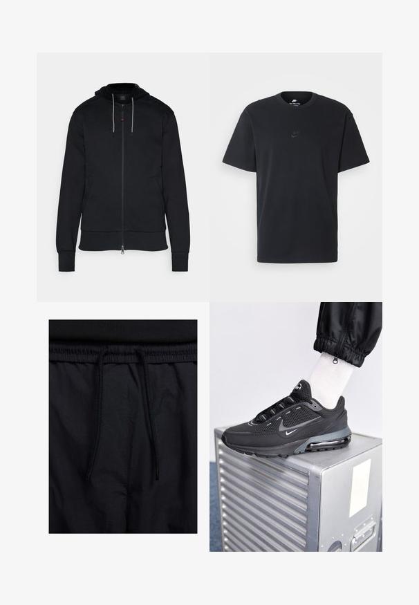 Černá mikina na zip vyrobená z bavlny. Má kapuci se stahovací šňůrkou, boční kapsy a žebrované manžety. Hladká textura s minimálními designovými prvky.; Černé bavlněné tričko Nike s klasickým kulatým výstřihem, krátkými rukávy a decentně vyraženým logem na hrudi. Hladký povrch.; Černé šortky s páskem na šňůrku, lehký materiál s hladkou texturou a jednoduchý design bez viditelných log nebo vzorů.; Nike Sportswear PULSE - Tenisky - black/anthracite