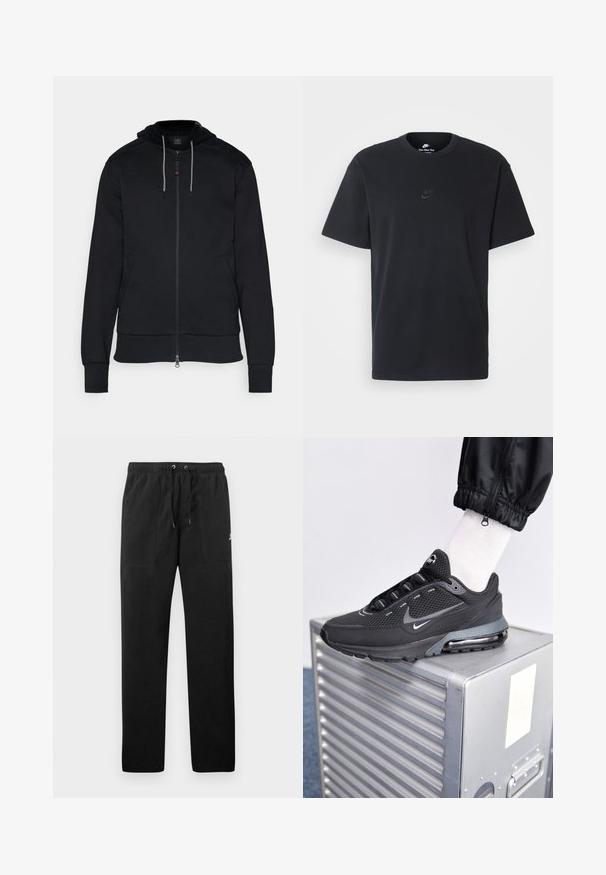 Sudadera negra con cremallera hecha de algodón. Presenta capucha con cordón, bolsillos laterales y puños acanalados. Textura suave con acentos de diseño mínimos.; Camiseta negra de algodón de Nike con un clásico cuello redondo, mangas cortas y un sutil logo en relieve en el pecho. Textura suave.; Pantalones deportivos negros de felpa, con una cinturilla elástica con cordones, dos bolsillos delanteros y un pequeño logo en el muslo.; Nike Sportswear PULSE - Zapatillas - black/anthracite