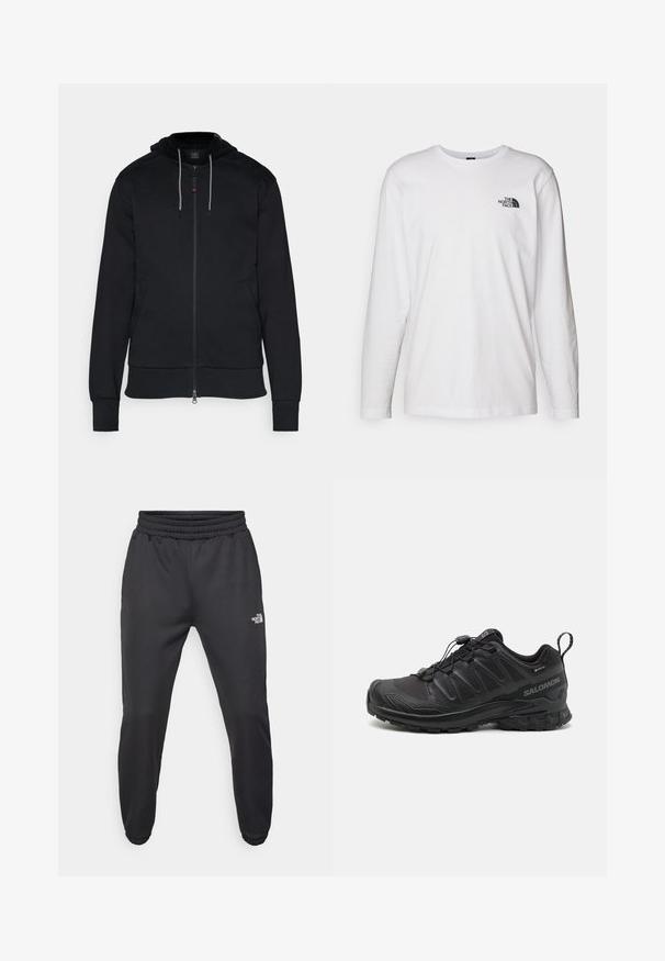 Schwarze Zip-Hoodie aus Baumwolle. Verfügt über eine Kapuze mit Kordelzug, seitliche Taschen und gerippte Bündchen. Glatte Textur mit minimalen Designelementen.; Weißes langärmliges T-Shirt aus Baumwolle mit Rundhalsausschnitt. Verfügt über ein kleines schwarzes Logo auf der Brust. Glatte Textur, reguläre Passform.; Schwarze Jogginghose mit verstellbarem Bund, schlanker Passform, elastischen Bündchen und einem kleinen weißen Logo am linken Oberschenkel, hergestellt aus glattem Stoff.; Schwarzer Sportschuh mit einer strukturierten, synthetischen Oberseite, gepolsterten Sohle und einem schnellen Schnürsystem. Verfügt über eine verstärkte Zehen- und Fersenkappe.