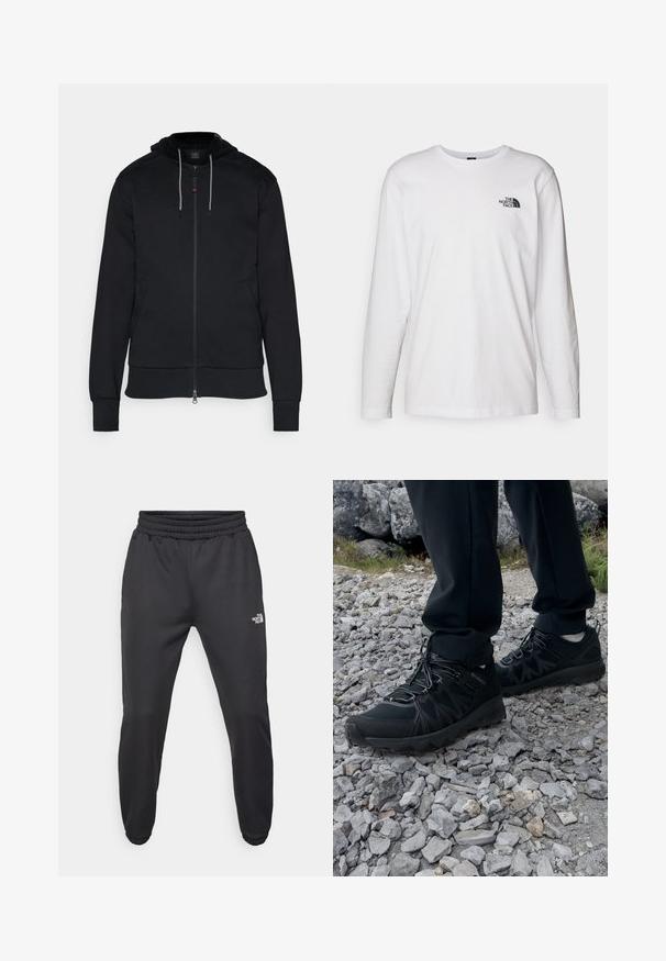 Black zip-up hoodie made of cotton. Features a drawstring hood, side pockets, and ribbed cuffs. Smooth texture with minimal design accents.; White long-sleeve T-shirt made of cotton with a crew neck. Features a small black logo on the chest. Smooth texture, regular fit.; Black sweatpants with a drawstring waist, tapered fit, elastic cuffs, and a small white logo on the left thigh, made from smooth fabric.; Black outdoor shoes with mesh and synthetic material, featuring a textured upper, secured lacing system, and a rugged outsole, on rocky terrain.