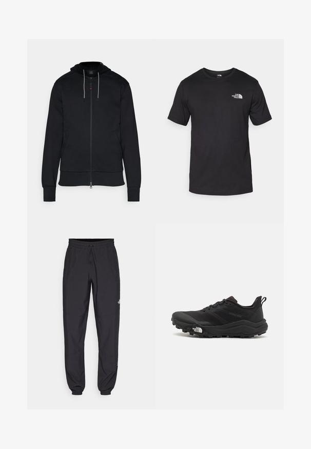 Felpa nera con zip realizzata in cotone. Presenta un cappuccio con cordino, tasche laterali e polsini a costine. Tessuto morbido con minimi accenti di design.; T-shirt nera a maniche corte in cotone, con scollatura rotonda e un piccolo logo bianco nell'area superiore sinistra del petto.; Pantaloni sportivi neri realizzati in tessuto leggero, con vita regolabile con cordino, tasche laterali e orli affusolati alle caviglie.; Scarpa da trail running nera con tomaia texture, suola in gomma e punta rinforzata. Presenta un collare imbottito e un tassello per un indossamento facile.