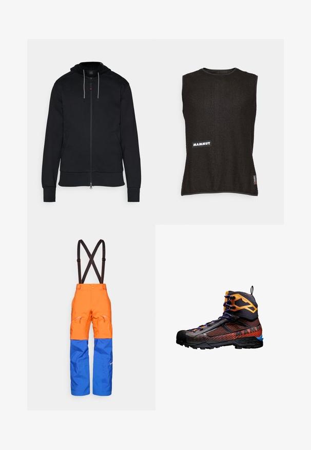 Czarna bluza z kapturem na zamek, wykonana z bawełny. Posiada regulowany kaptur, boczne kieszenie i prążkowane mankiety. Gładka tekstura z minimalnymi zdobieniami.; Bezrukawnik w kolorze czarnym z teksturowanego materiału, z białym logo "Mammut" oraz małą czerwoną metką z boku, okrągły dekolt.; Pomarańczowe i niebieskie wodoodporne spodnie z czarnymi regulowanymi szelkami, zapinanymi na zamek kieszeniami z przodu oraz wzmocnionymi panelami na kolanach, idealne do aktywności na świeżym powietrzu.; Czarny i pomarańczowy but trekkingowy wykonany z siatki i gumowych materiałów. Posiada niebieskie akcenty, teksturowane wzory oraz wysoką cholewkę dla wsparcia.