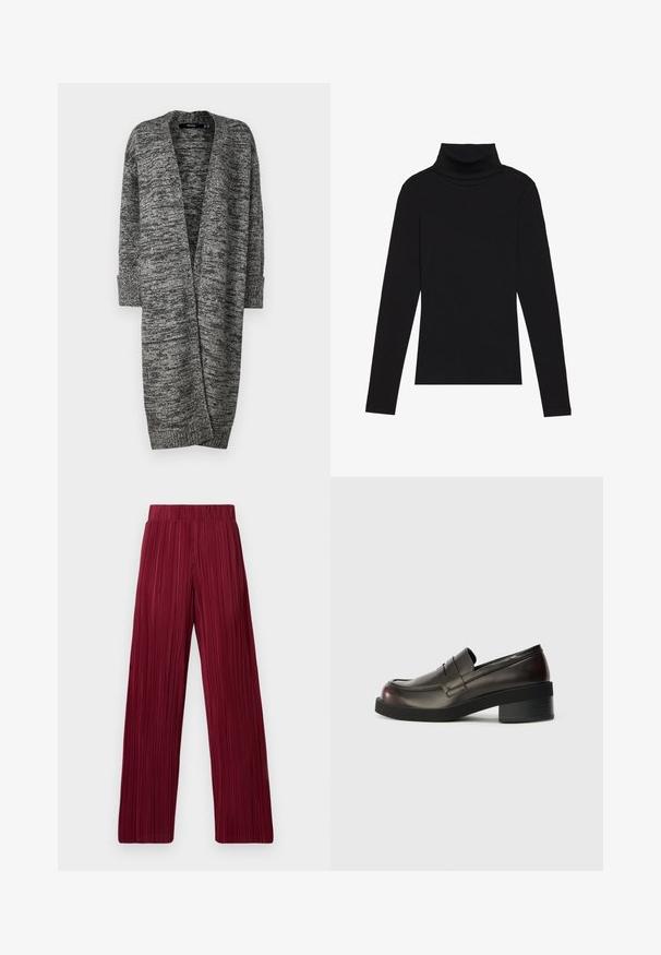 Vero Moda VMPHILLIS LONG OPEN - Strickjacke - black/birch; Schwarzes langärmeliges Turtleneck-Oberteil aus geripptem Stoff, mit einer taillierten Passform, hohem Kragen und ohne Muster oder Akzente.; Bordeauxfarbene, plissierte, weite Hosen mit elastischem Bund. Der strukturierte Stoff weist vertikale Streifen auf. Gerader Schnitt bis zum Saum.; Dunkelbraune Leder Slipper mit abgerundetem Zehenbereich, gestickten Details und einem moderaten Blockabsatz. Glatte Textur, minimalistisches Design.