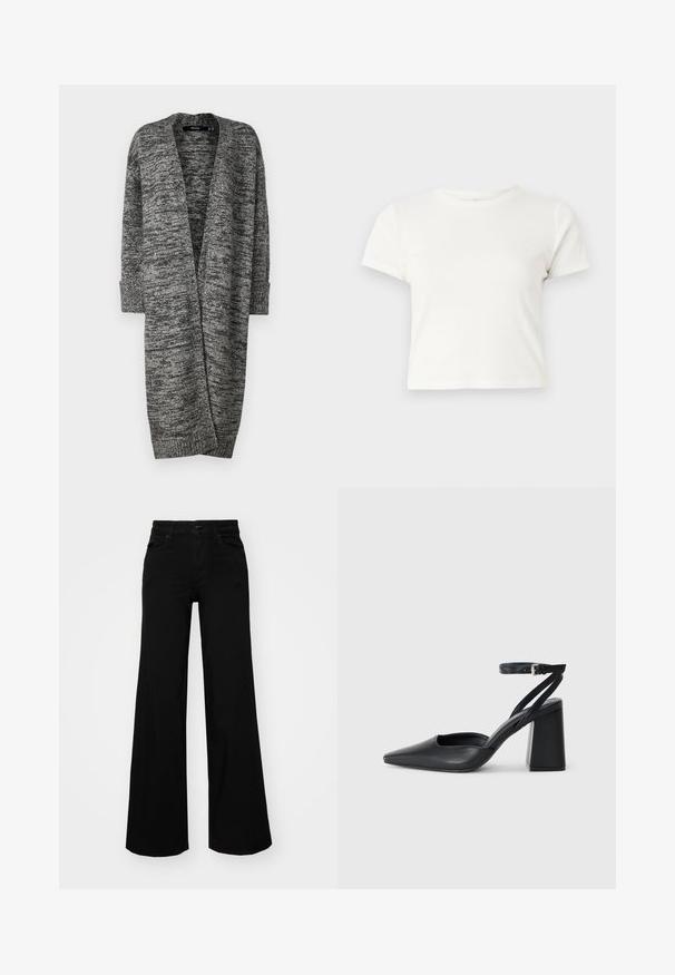Vero Moda VMPHILLIS LONG OPEN - Kardigán - black/birch; Krátke biele tričko vyrobené z bavlny s krátkymi rukávmi, okrúhlym výstrihom a rovnými okrajmi, s hladkou textúrou a minimálnym dizajnom.; Čierne široké nohavice z denimu s pevným pásom, pútkami na opasok a prednými vreckami. Hladká štruktúra s klasickým dizajnom.; Čierne kožené lodičky s špicatou špičkou a členkovým remienkom, s masívnym podpätkom. Hladký povrch, elegantný dizajn a minimalistická estetika.
