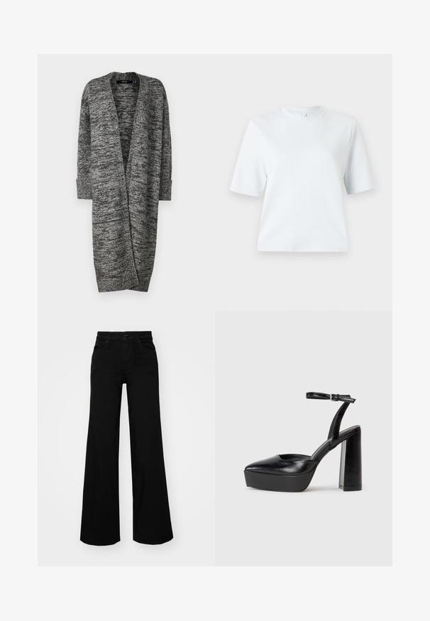 Vero Moda VMPHILLIS LONG OPEN - Chaqueta de punto - black/birch; Camiseta de manga corta azul claro hecha de suave algodón. Presenta un clásico cuello redondo y un corte relajado, sin patrones ni acentos.; Pantalones de mezclilla de pierna ancha y color negro, con una cinturilla estructurada, pasadores para cinturón y bolsillos frontales. Textura suave con un diseño clásico.; Zapatos de tacón negro con punta afilada y correa ajustable en el tobillo. Confeccionados en cuero suave, presentan un tacón grueso.