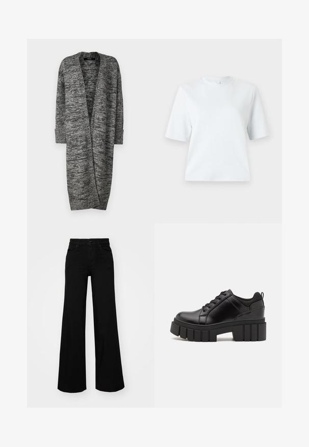 Vero Moda VMPHILLIS LONG OPEN - Cardigan - black/birch; T-shirt azzurro chiaro a maniche corte realizzato in cotone morbido. Presenta un classico collo rotondo e una vestibilità rilassata, senza fantasie o dettagli.; Pantaloni neri a gamba larga in denim, con una vita strutturata, passanti per la cintura e tasche frontali. Texture liscia con un design classico.; Scarpe platform in pelle nera con tacco a blocco robusto, punta rotonda e design tradizionale con lacci. Presentano una superficie liscia e dettagli minimi.