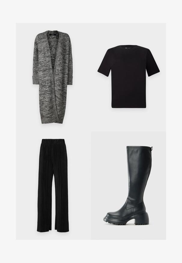 Vero Moda VMPHILLIS LONG OPEN - Gilet - black/birch; T-shirt noir à manches courtes avec un col rond, fabriqué en coton doux. Design simple, sans logos ni motifs visibles.; Pantalons plissés noirs avec une taille élastique. Présente des jambes larges et un tissu lisse texturé avec des rayures verticales.; Botte en cuir noir haute avec semelle plateforme épaisse et talon carré, dotée d'une languette et d'un motif texturé sur la semelle extérieure.
