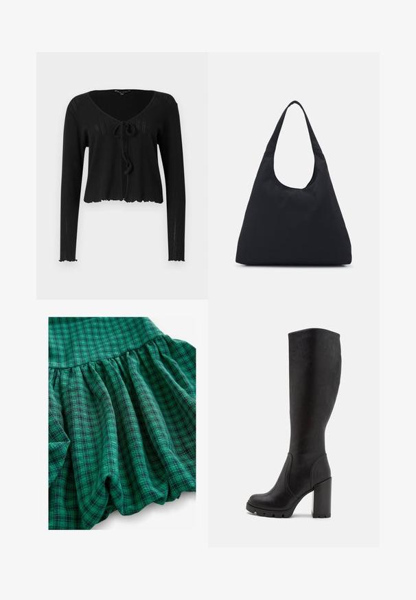 Black cropped cardigan with long sleeves, featuring a V-neckline, tie closure at the front, and ribbed texture with a scalloped hem.; New Look Blouse - black; Green plaid fabric features with varying shades, gathered texture, and ruffled hem. Material looks breathable and lightweight.; Black knee-high boots made of smooth material, featuring a chunky block heel, rounded toe, and subtle stitching details.; Black fabric bag with a single, wide shoulder strap. Soft, semi-structured shape and smooth texture; minimal design, without visible hardware.