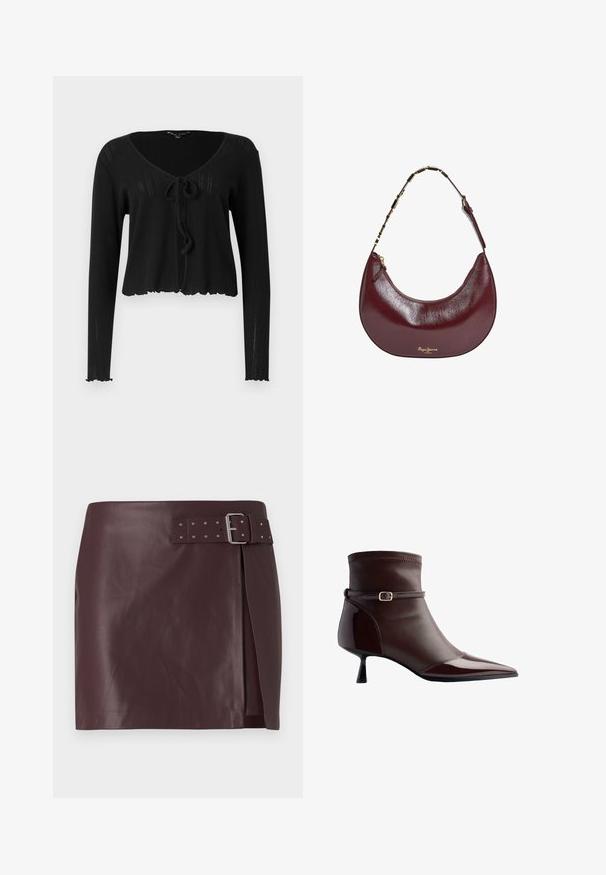 Schwarze verkürzte Strickjacke mit langen Ärmeln, V-Ausschnitt, Bindebandverschluss vorne und gerippter Textur mit gewelltem Saum.; Schwarzes Cropped Top mit langen, eng anliegenden Ärmeln und einem schulterfreien Ausschnitt, hergestellt aus weichem, glattem Stoff. Schlichtes und figurbetontes Design.; Bordeauxfarbene Kunstlederrock mit tailliertem Bund und metallischem Schnallenverschluss, seitlichem Schlitz und glatter, polierter Textur.; Braune Lederstiefelette mit spitzer Zehe, kleinem Kittenheel und einem dünnen Riemen mit einer kleinen goldenen Schnalle um den Knöchel.; Pepe Jeans GRACEY - Handtasche - burgundy red