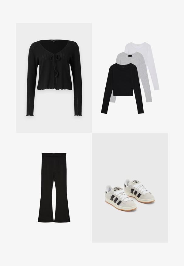 Črna skrajšana jopica z dolgimi rokavi, ki ima V-izrez, zavezovanje spredaj in rebrast vzorec s konico.; Tri dolga rokava zložena: črna, siva in bela. Vsaka ima okroglo izreznico in skrajšan dizajn z gladkim, lahkotnim materialom.; Črne flare leggings iz raztegljive tkanine. Imajo širok pas in gladko teksturo, s prilegajočo silhueto, ki se na robu razširi.; Sive športne čevlje iz semiša z belimi vezalkami, črnimi črtami in belim gumijastim podplatom. Imajo okroglo oznako na ježku in podplat iz gume.