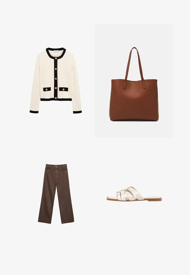 Krémový cardigan s čiernymi akcentmi. Má okrúhly výstrih, dlhé rukávy a zlaté gombíky. Dva čierne vrecká s chlopňami na prednej strane.; Hnedé tričko s krátkym rukávom vyrobené z mäkkej textílie, s okrúhlym výstrihom a uvoľneným strihom. Hladká štruktúra bez vzorov alebo akcentov.; Džínsy s širokými nohavicami v hnedej farbe, vyrobené z denimu, so zvýšeným pásom, prednými vreckami a klasickým zapínaním na gombík. Hladká textúra s jemným prešívaním.; Ploché sandále s hnedou gumovou podrážkou, navrhnuté s tromi prekrývajúcimi sa bielymi koženými popruhmi a malou mašličkou uprostred.; Hnedá kožená taška na rameno s hladkou textúrou, otvoreným vrchom a dvoma ramenými popruhmi. Má minimálne šitia a žiadne viditeľné kovania.