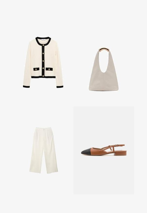 Krem kardigan s crnim detaljima. Ima okrugli izrez, duge rukave i zlatne dugmadi. Dva crna džepa s preklopima sprijeda.; Bijela majica kratkih rukava od pamuka. Ima okrugli izrez i opušteni kroj. Glatka tekstura bez vidljivih uzoraka ili naglasaka.; Hlače širokih nogavica od kremaste tkanine s glatkom teksturom, s jednim prednjim gumbom, suptilnim plitvicama i visokim strukom.; Steve Madden BELINDA - Salonke - brown/black; Svijetlosivi kožni torba s oblikom u slovo U i zakrivljenim metalnim drškom. Glatka tekstura s minimalnim šavovima i bez vidljivih uzoraka.