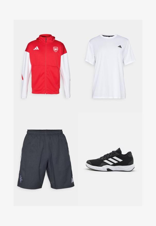 Rote und weiße Zip-Hoodie, mit einem großen Arsenal-Logo auf der Brust, drei Streifen auf der Schulter und einer glatten, sportlichen Passform.; Weißes sportliches T-Shirt mit kurzen Ärmeln, aus feuchtigkeitsableitendem Material. Mit einem schwarzen Logo auf der linken Brust und einem gemusterten Innenkragen.; Schwarze Sportshorts aus atmungsaktivem Material, mit einem elastischen Bund, weißen Seitestreifen und einem Manchester United-Logo.; Schwarze Sportschuhe mit einem strukturierten Mesh-Obermaterial, weißen Akzentstreifen, einer gepolsterten Sohle und einer verstärkten Ferse für Unterstützung.