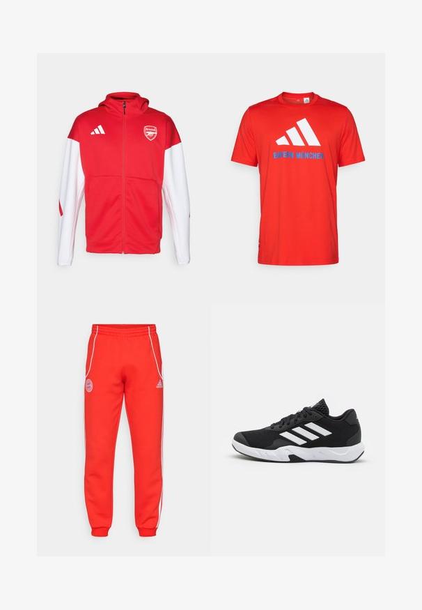 Red and white zip-up hoodie, featuring a large Arsenal logo on the chest, three stripes on the shoulder, and a smooth, athletic fit.; Red cotton t-shirt featuring a white three-stripe logo and "BAYERN MÜNCHEN" in blue. Crew neck and short sleeves, simple design.; Red sweatpants with elastic waistband, white side stripes, and logo details on hip and lower leg. Made of soft fabric with ribbed cuffs.; Black athletic shoes with a textured mesh upper, white accent stripes, a cushioned sole, and a reinforced heel for support.