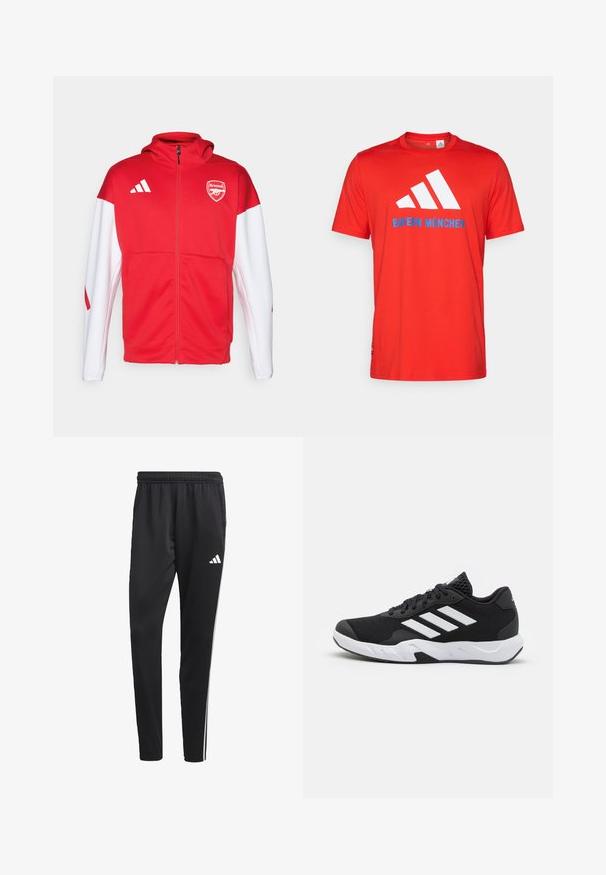 Felpa con zip rossa e bianca, caratterizzata da un grande logo dell'Arsenal sul petto, tre strisce sulla spalla e una vestibilità liscia e sportiva.; T-shirt in cotone rosso con logo bianco a tre strisce e "BAYERN MÜNCHEN" in blu. Collo rotondo e maniche corte, design semplice.; Pantaloni sportivi neri con una cintura elastica, strisce laterali bianche e un piccolo logo bianco sulla coscia. Realizzati in un materiale liscio e leggero.; Scarpe da ginnastica nere con una tomaia in mesh texturizzata, strisce bianche di accento, suola imbottita e tallone rinforzato per supporto.