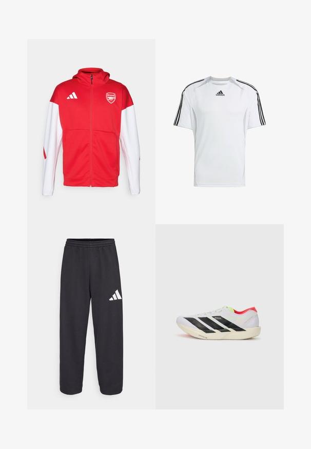 Rød og hvid zip-up hoodie med et stort Arsenal-logo på brystet, tre striber på skulderen og en glat, atletisk pasform.; Hvid kortærmet træningsshirt med sorte Adidas tre-stribes detaljer på skuldrene, lavet af glat, letvægtsstof.; Sort sweatpants med en afslappet pasform, der har en elastisk talje og et hvidt geometrisk logo på venstre ben. Glat stoftekstur.; Hvid løbesko med sorte striber, neon grønne detaljer og en rød hæl. Har et let design og en struktureret sål for bedre greb.