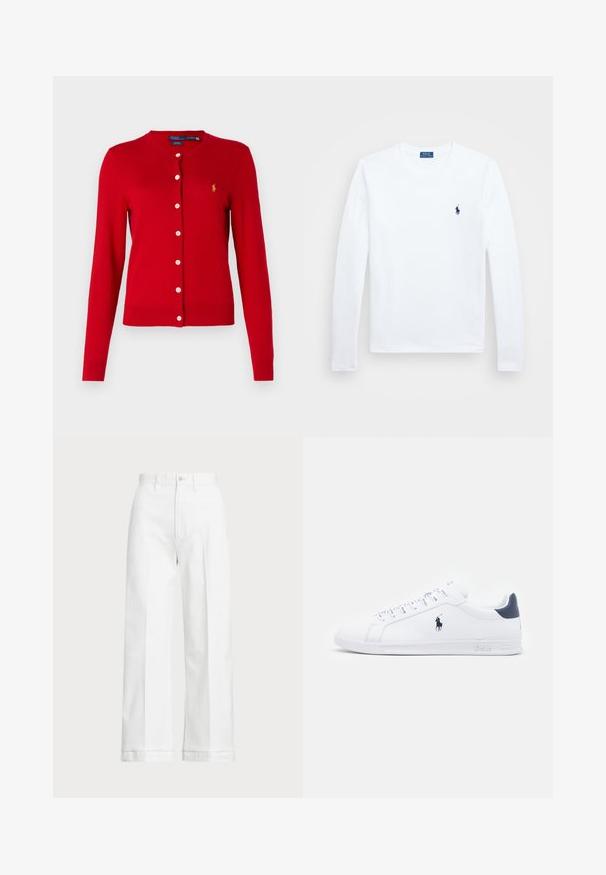Red cardigan made of knit fabric, featuring a round neckline, long sleeves, button closure, and a small gold logo on the chest.; White long-sleeve shirt, cotton material, round neckline, featuring small navy logo on the left chest. Simple design, regular fit.; White wide-leg trousers with a high waist, featuring a button closure and subtle stitching details. Made from cotton with a smooth texture.; White leather sneakers with a smooth finish, navy accents, and a small logo on the side. Features flat laces and textured rubber sole.