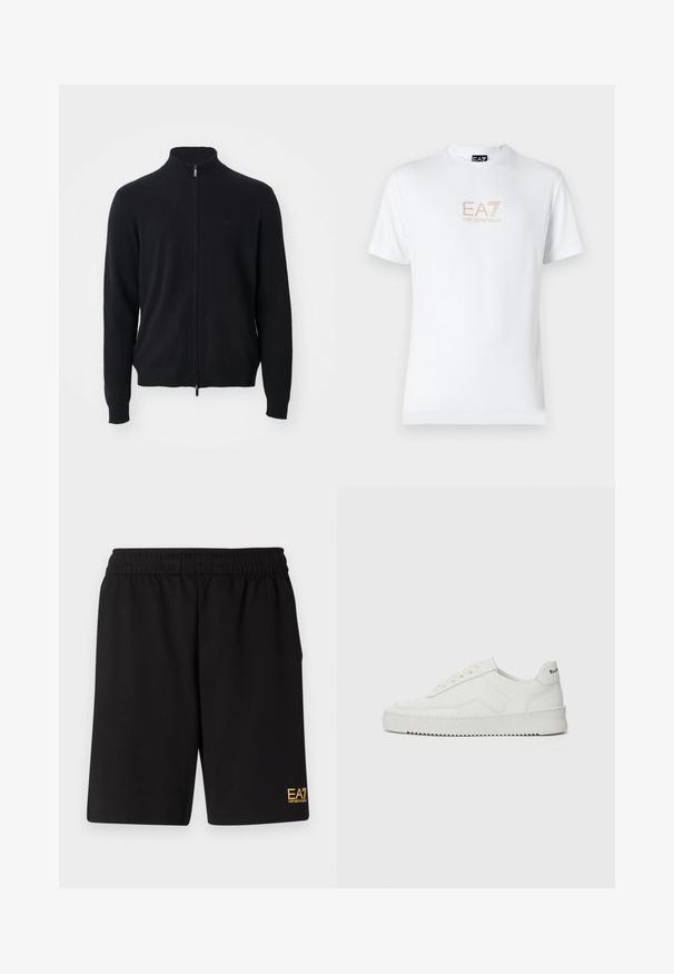 Svart heltäckande zip-tröja med hög krage, långa ärmar och subtil logotyp på vänster bröst, visad mot en vit bakgrund.; Vit bomull t-shirt med rund halsringning och korta ärmar, med en guld EA7 Emporio Armani-logotyp tryckt på framsidan.; Svarta träningsshorts i mjukt tyg, med ett elastiskt midjeband och en liten gul EA7-logotyp på nedre vänstra benet.; Vita lädersneakers med en jämn yta, rund tå, platta snörningar och en strukturerad sula. Har en diskret logotyp på hälen.