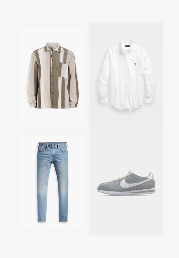 Stripet skjorte med brun, kremfarget og hvite farger, teksturert stoff, kragedesign, frontlukking med knapper og en brystlomme.; Hvit langermet skjorte i bomull med knapper. Har en klassisk krage, knappe mansjetter og en liten marineblå brodert logo på brystet.; Lyseblå slim-fit jeans med svak falming på lårene, frontknappelukking, beltehemper, og fem-lomme design på hvit bakgrunn.; Grå idrettssko med overdel i semsket skinn og tekstil, hvit Nike swoosh og hvite snøringer. Har en teksturert gummisåle og polstret krage.