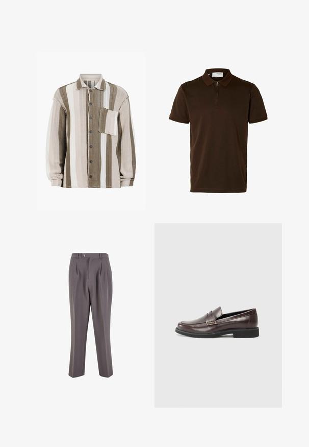 Stripet skjorte med brun, kremfarget og hvite farger, teksturert stoff, kragedesign, frontlukking med knapper og en brystlomme.; Brun polo skjorte laget av glatt stoff, med glidelås i kragen, kort ermer og en skreddersydd passform. Ingen mønstre eller detaljer synlige.; Grå plisserte bukser laget av glatt stoff, med rett ben-design, enkelt knappelukking og skrå sidelommer.; Brune lærloafers med en glat finish, der har en subtil syet detalje på overdelen og en sort gummisål.