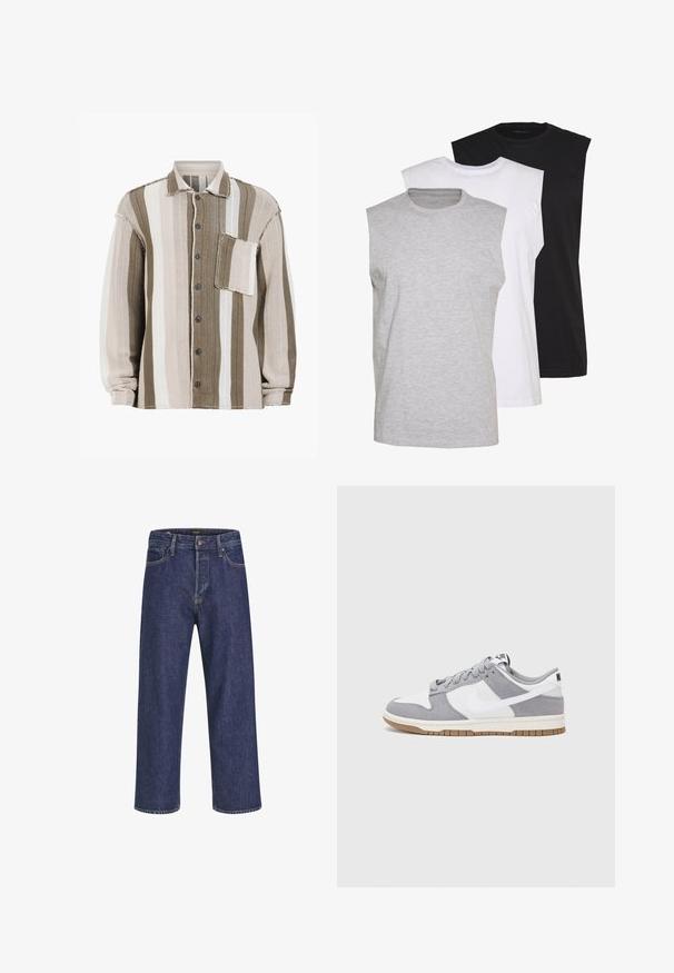 Camisa às riscas com cores castanho, creme e branco, tecido texturizado, design com colarinho, fecho frontal com botões e um bolso no peito.; Três t-shirts sem mangas em cinza, branco e preto. Material de algodão macio com decote redondo e corte descontraído. Design simples, sem padrões.; Jeans de ganga azul escuro com corte reto, design de cinco bolsos, fecho com botão metálico e costura em contraste, apresentando uma textura subtil.; Sapatilha cinza e branca com um cabedal em camurça e couro, biqueira arredondada, atacadores planos e sola de borracha com um detalhe em boracha.