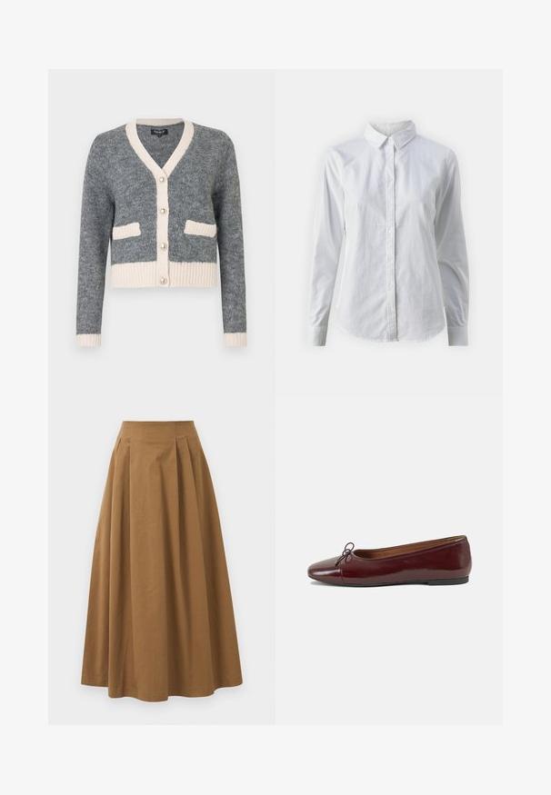 Grå stickad cardigan med v-ringning, beiga detaljer, ribbad nederkant och två framfickor. Har stora pärlliknande knappar.; Vit skjorta med knappar, tillverkad av mjuk bomull, med klassisk krage, långa ärmar och en böjd fåll. Knapparna är små och vita.; Brun bomull A-linje kjol med hög midja, med veck ned längs framsidan och en mjuk textur. Sömmen är ren och enkel.; Burgunderfärgad lackläderballettskor med rund tå, liten rosettdekoration fram och en låg, svart gummisula. Slät textur.