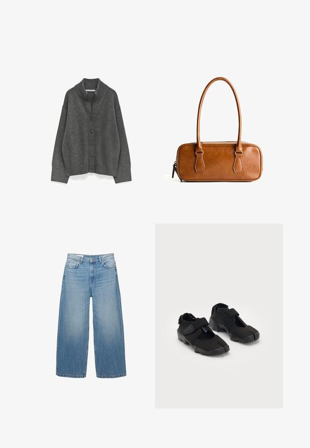 Cardigan button-up grigio scuro con colletto, polsini e orlo a coste, caratterizzato da una vestibilità rilassata e spalle scese.; PULL&BEAR Top - white; Jeans a gamba larga di un blu chiaro in denim, con un classico design a cinque tasche e chiusura con bottone. Texture scolorita in tutta la superficie.; Scarpe d'acqua nere realizzate in tessuto flessibile con una fascia in Velcro, dotate di un design unico a punta divisa e suola in gomma texturizzata per una buona aderenza.; Borsa a tracolla in pelle marrone con due manici lunghi, forma rettangolare, texture liscia, chiusura con zip e dettagli in metallo color argento.