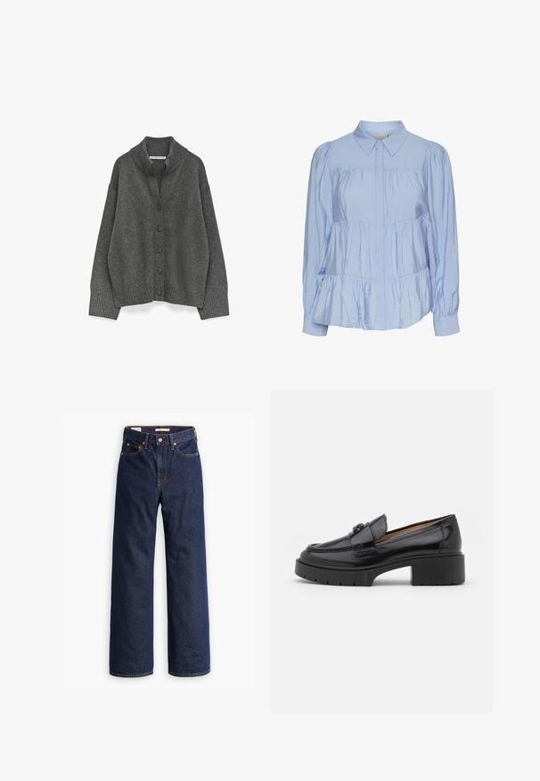Diepgrijze knooptrui met geribde kraag, manchetten en zoom, met een ontspannen pasvorm en verlaagde schouders.; Lichtblauwe blouse van glanzende stof, met een klassieke kraag, knoopsluiting aan de voorkant, puffen mouwen en een gelaagde, gerimpelde zoom.; Donkerblauwe rechte spijkerbroek met vijf zakken, oranje stiksels en een knopen sluiting.; Zwarte leren instapper met een lage blokhak, ronde neus, decoratieve strap en een geprofileerde stikselafwerking op de bovenkant. Gladde afwerking.