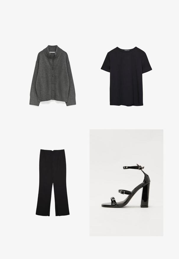 Diepgrijze knooptrui met geribde kraag, manchetten en zoom, met een ontspannen pasvorm en verlaagde schouders.; Effen kortemouwen zwarte katoenen T-shirt met ronde hals, weergegeven op een witte achtergrond.; Zwarte broek met een rechte pasvorm, voorzien van zijzakken en plooien aan de onderzijde. Gemaakt van zachte, gladde stof. Geschikt voor verschillende gelegenheden.; Zwarte gepatenteerde sandalen met hak en een vierkante neus, enkelbandjes en zilveren gespen. Heeft een stevige blokhak voor stabiliteit.
