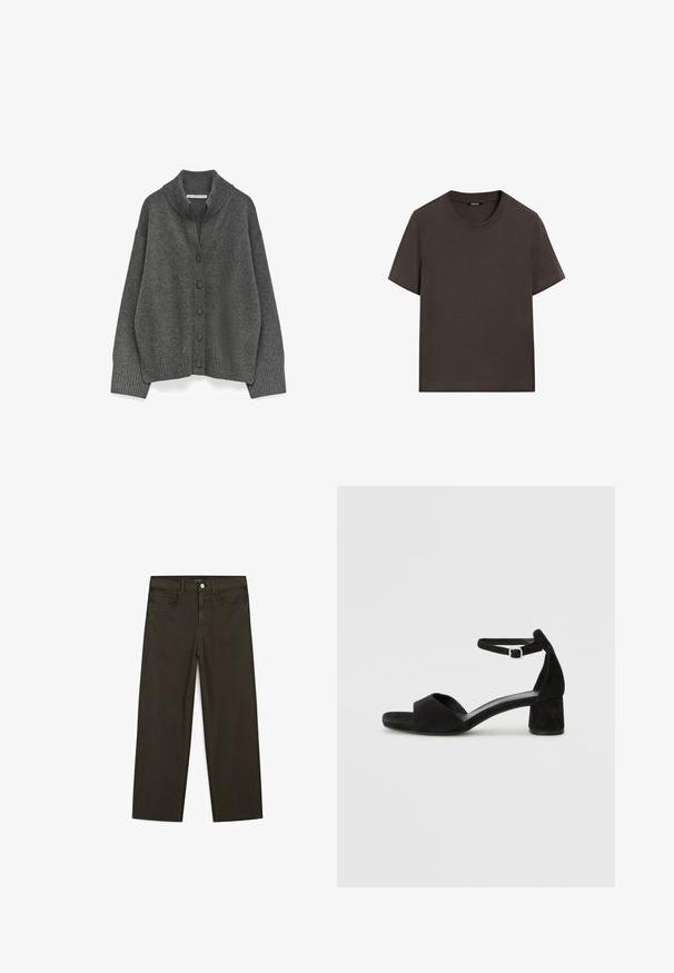 Diepgrijze knooptrui met geribde kraag, manchetten en zoom, met een ontspannen pasvorm en verlaagde schouders.; Donkerbruin T-shirt met korte mouwen, gemaakt van katoen. Heeft een ronde halslijn en een ontspannen pasvorm, zonder zichtbare patronen of accenten.; Donkergroene wijde jeans van een katoenmix, met een sluiting met een voorste knop, vijf zakken en klassieke denimstiksels.; Zwarte suede hakken met een dunne enkelband, open teen ontwerp en een bescheiden blokhak. Zachte textuur en minimale accenten.