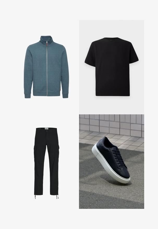 Sweatshirt zippé en teal, en tissu doux. Présente un col montant, des manches longues et deux poches latérales. Design minimaliste sans motifs.; T-shirt noir à manches courtes en tissu texturé, avec un col rond et une coupe décontractée. Simple, sans motifs ni accents.; Pantalons cargo noirs avec une coupe droite, dotés de poches latérales, d'une fermeture à bouton et de cordons élastiques aux chevilles. Fabriqués en tissu résistant.; Baskets noires en cuir avec bout arrondi et semelle en caoutchouc blanc. Elles présentent des lacets plats et une couture minimale sur la tige. Semelle texturée pour une bonne adhérence.