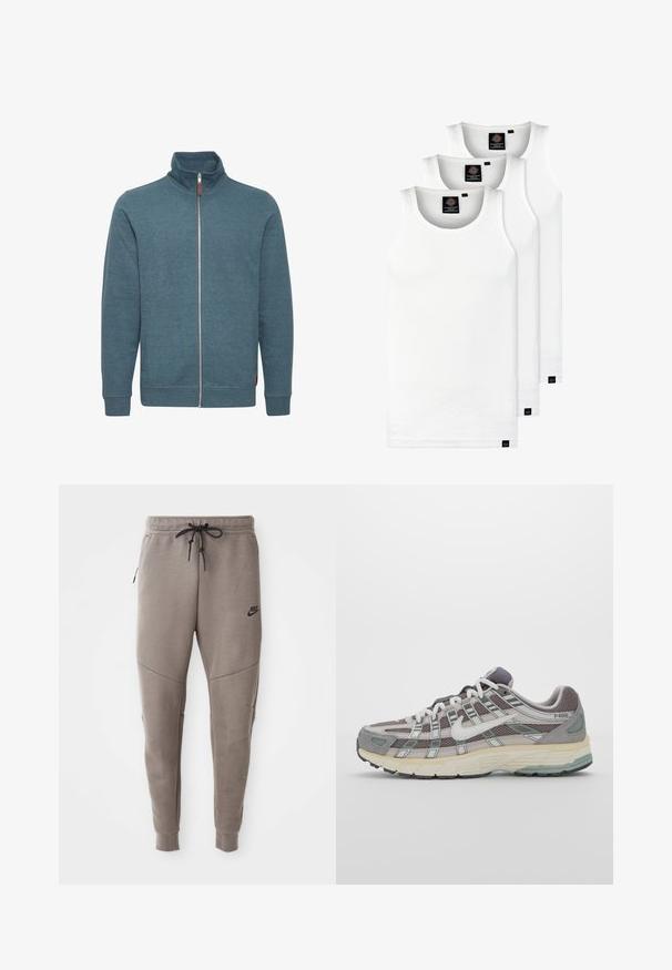 Teal sweatshirt med lynlås, lavet af blødt stof. Har høj krave, lange ærmer og to sidelommer. Minimalistisk design uden mønstre.; Tre hvide ribbede tanktops lavet af bomuld. Har en rund hals og små sorte mærker nær sømmen. Fås i flere størrelser.; Grå Nike joggingbukser med snoretræk i taljen, tapered ben, sidelommer og markante sømdetaljer. Blødt, struktureret stof.; Grå sportssko med overdel i mesh og ruskind, hvide accenter, en polstret sål og et særpræget design med reflekterende elementer.