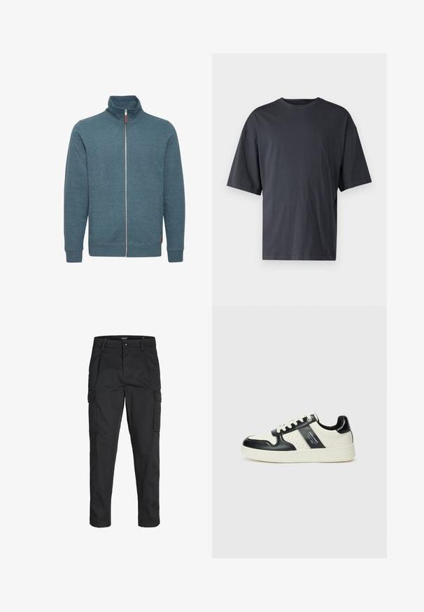Sweatshirt zippé en teal, en tissu doux. Présente un col montant, des manches longues et deux poches latérales. Design minimaliste sans motifs.; T-shirt à manches courtes gris foncé en coton léger, avec une coupe ample et un col rond classique, présentant une texture unie et sans motifs.; Pantalons cargo noirs en tissu résistant, dotés de plusieurs poches, d'une fermeture par bouton et d'une coupe slim avec des jambes fuselées.; Baskets en cuir avec un schéma de couleurs noir et crème, dotées d'accents perforés, d'un col rembourré et d'une semelle texturée.