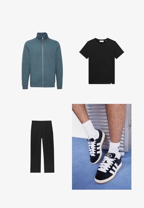 Vetoketjullinen huppari teallin värissä, valmistettu pehmeästä kankaasta. Siinä on korkea kaulus, pitkät hihat ja kaksi sivutaskua. Minimalistinen muotoilu ilman kuvioita.; Lyhythihaine musta T-paita, joka on valmistettu puuvillasta. Paidassa on pyöreä pääntie ja pieni brodeerattu logo rinnassa. Sujuva rakenne, normaali istuvuus.; Mustat housut suoranlahkeisella muotoilulla, valmistettu sileästä kankaasta. Ominaisuuksiin kuuluu etupleateet ja yksi nappikiinnitys vyötäröllä.; Mustat mokkasneakersit, joissa on valkoiset nauhat ja kolme valkoista raitaa. Kengissä on ympyrän muotoinen musta logo kielen päällä ja kuminen pohja.
