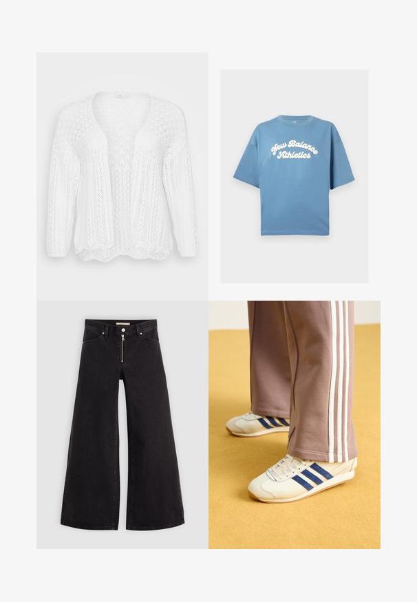 Valkoinen neulottu neuletakki, jossa on avoin etuosa, pitkät hihat ja aaltoileva helma. Sisältää koko materiaalin läpi kulkevan tekstuurillisen, ilmavan kuosin.; Sininen puuvillapaita löysällä istuvuudella, jossa on lyhyet hihat ja pyöreä kaula-aukko. Keskellä painettu valkoinen "New Balance Athletics" -logo.; Mustat leveälahkeiset farkut, joissa on vetoketjufrunti, viisi-taskuinen muotoilu ja hienovaraiset ompelusyyt. Sileä pinta ja rento tyyli.; Kreemi kengät sinisillä mokkanahka raidoilla, valkoisilla nauhoilla ja kumipohjalla. Yhdistetty harmaisiin verkkareihin, joissa on valkoiset sivuraidat.