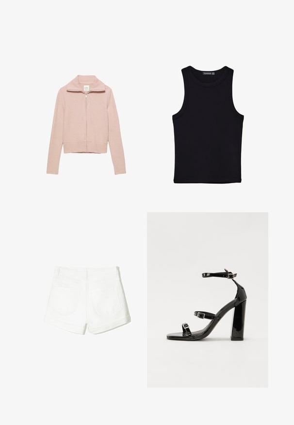 Roza zip-up dukserica s rebrastim ovratnikom i manžetama. Izrađena od mekog materijala, ima prilagođen dizajn i potpuno prednje zatvaranje sa zipom.; Crni top bez rukava od pamuka, s okruglim izrezom i širokim izrezima za ruke. Glatka tekstura s ušivenim rubovima. Klasičan, minimalistički dizajn.; Bijele traperice s obrnutošću, dva stražnja džepa i glatkom teksturom. Jednostavan dizajn bez vidljivih metalnih dijelova ili uzoraka.; Crne lakirane sandale na visoku petu s dva remena s kopčama, kvadratnim vrhom i masivnom blok petom, s glatkom, sjajnom teksturom.