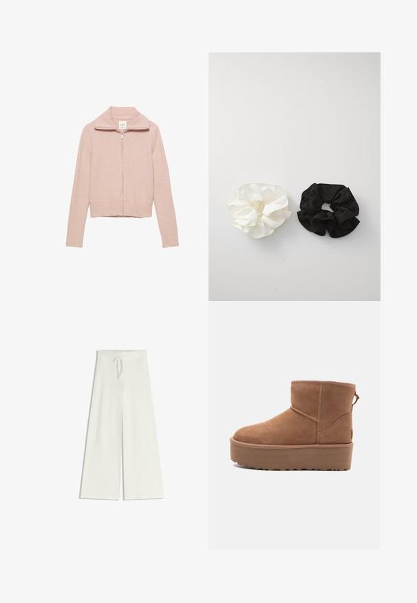 Roze ritsvest met een geribde kraag en boorden. Gemaakt van zacht materiaal, met een getailleerd ontwerp en een volledige rits aan de voorkant.; Witte korte mouwen t-shirt van katoen. Heeft een ronde halslijn en een ontspannen pasvorm. Glad textuur zonder zichtbare patronen of accenten.; Wijduitlopende, witte broek van zachte gebreide stof, met een elastische band en een trekkoord voor een verstelbare pasvorm. Gladde textuur, zonder patronen.; Tan suède enkellaars met een platformzool, ronde neus en stiksels; heeft een trekband aan de achterkant voor gemakkelijke instap.; Twee satijnen scrunchies, één wit en één zwart, met een gerimpeld ontwerp en een gladde textuur, weergegeven tegen een effen witte achtergrond.