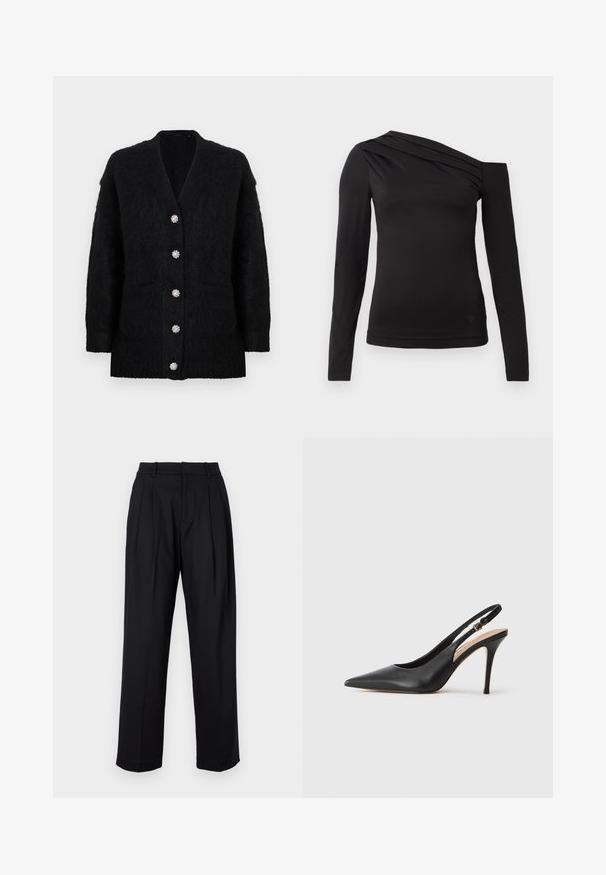 Černý kardigan z měkké, texturované látky s hlubokým výstřihem do V, šesti dekorativními knoflíky a dvěma předními kapsami.; Černý top s dlouhým rukávem a asymetrickým výstřihem, jedním ramenem odkrytým a jemným drapováním přes hrudník.; Černé kalhoty s přizpůsobeným designem, vysokým pasem, sklady a rovnými nohavicemi. Vyrobené z hladké látky s jednou barvou.; Černá kožená slingback lodička na vysokém podpatku s špičatou špičkou, hladkým povrchem a jemným páskem se metalickou sponou.