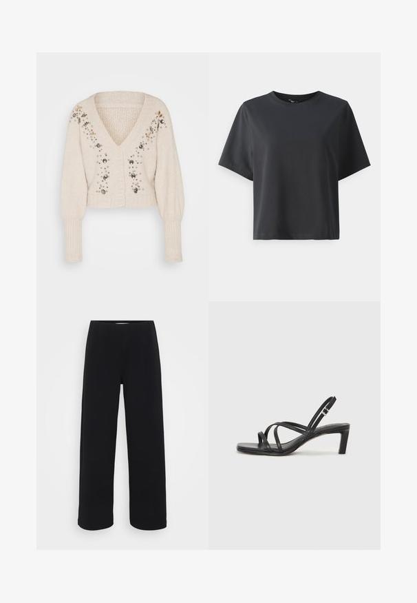 ONLY Petite ONLJULIA BATWING CARDIGAN - Neuletakki - pumice stone; Mustat puuvillapaita, lyhyet hihat, pyöreä kaula-aukko, rento istuvuus, sileä pinta, yksinkertainen muotoilu, ilman kuvioita tai koristeita.; Mustat leveät housut elastisella vyötäröllä. Valmistettu tekstuuritetusta materiaalista, jossa on rento istuvuus ja suora leikkaus lantion kohdasta helmaan.; Mustat hihnalligat, joissa on neliön muotoinen kärki ja matala lohkokorko. Ominaisuuksiin kuuluu useita ohuita hihnoja ja säädettävä nilkkahihna. Valmistettu sileästä nahasta.