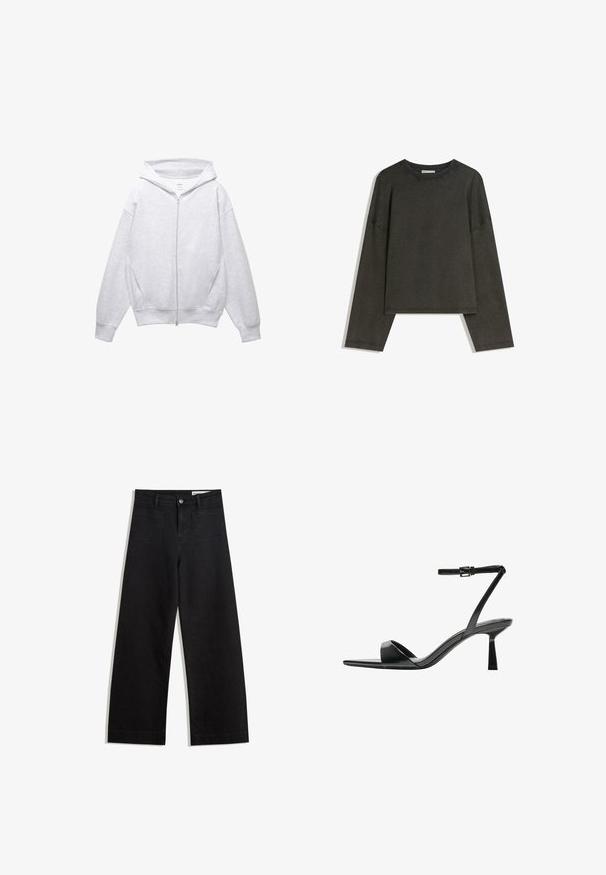 Svetlo siva zip-up kapuca z vrvico, ohlapen kroj, velike stranske žepe ter rebrasti manšeti in rob, izdelana iz mehke tkanine.; Temno siva dolga majica z dolgimi rokavi, izdelana iz bombažnega vlakna. Ima kvadratno obliko, okrogel izrez in spuščene ramena, z vidnimi šivi.; Črne široke denim hlače z visokim pasom, ki imajo sprednje in zadnje žepe, šivane šive ter gumbasto zapiranje. Gladka tekstura.; Bershka Sandali z visoko peto - black
