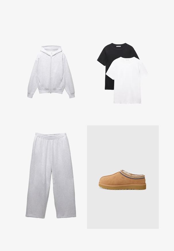 Hellgrauer Zip-Hoodie mit Kordelzugkapuze, lockerer Passform, großen Seitentaschen und gerippten Bündchen sowie Saum, aus weichem Material gefertigt.; Zwei Rundhals-T-Shirts, eines schwarz und eines weiß. Hergestellt aus weicher Baumwolle, mit kurzen Ärmeln und einem schlichten, klassischen Design.; Hellgraue, weit geschnittene Sweatpants mit elastischem Bund und gesteppten Nähten vor einem weißen Hintergrund.; Beige Wildleder-Slipper mit einem strukturierten Wollfutter und dekorativer ethnischer Stickerei am Kragen. Verfügt über eine Gummisohle.
