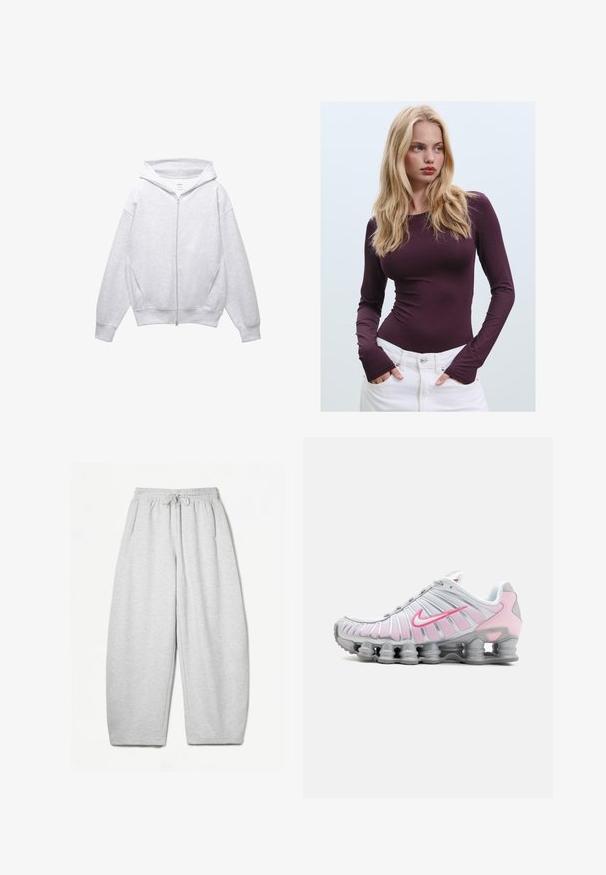 Svetlo šedá mikina na zips s kapucňou na šnúrku, voľný strih, veľké bočné vrecká a rebrované manžety a spodný lem, vyrobená z mäkkej tkaniny.; Burgundská dlhá rukávová priliehavá blúzka s okrúhlym výstrihom a otvorom na palec, skombinovaná s bielymi nohavicami s vysokým pásom. Hladká tkanina a elastická štruktúra.; Svetlošedé tepláky s voľným strihom, elastickým pásom, šnúrkou a bočnými vreckami; vyrobené z mäkkej, štruktúrovanej látky.; Nike športová obuv v bielej a svetloružovej farbe. Má sieťovinový zvršok a charakteristickú zakrivenú podrážku s viditeľným vzduchovým odpružením.