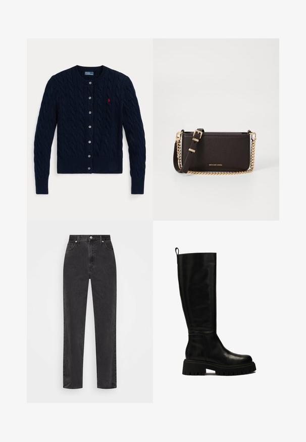 Tumesinist värvi kootud kardigan, millel on palmikmustriga soonilised varrukasääred ja alumine äär, kuus nööpi ning väike punane logo vasakul rinnal.; Valge nööbiga särk pika varrukaga, struktureeritud krae ja ümar hem. Valmistatud sujuvast, ühtlasest kangast, ilma nähtavate mustrite või aktsentideta.; Sirged mustad teksapüksid kõrge vöökohaga, esi-nupp ja tõmblukk, viie taskuga stiil valgel taustal.; Mustad mustekadumisega nahast põlvekotisööbikud, millel on stiilne disain, ümar varvas ja paks kummitald, millel on sügavad sooned ja ülaservas tõmblukk.; MICHAEL Michael Kors BRYANT SM XBODY POUCHETTE - Ülerinna-kott - chocolate
