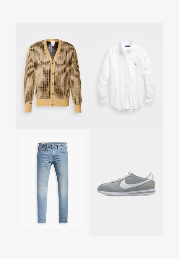 Strickjacke in Senfgelb und Marineblau, mit einem strukturierten Muster, V-Ausschnitt und fünf Knöpfen an der Vorderseite. Lange Ärmel.; Weißes Langarm-Hemd aus Baumwolle mit Knopfleiste. Es zeichnet sich durch einen klassischen Kragen, Knopfmanschetten und ein kleines, navyblaues gesticktes Logo auf der Brust aus.; Hellblaue Slim-Fit-Jeans mit leichtem Verblassen an den Oberschenkeln, vorderem Knopfverschluss, Gürtelschlaufen und Fünf-Taschen-Stil auf einem weißen Hintergrund.; Graue Sportausstattung mit einem Obermaterial aus Wildleder und Textil, weißem Nike-Swoosh und weißen Schnürsenkeln. Verfügt über eine strukturierte Gummisohle und einen gepolsterten Kragen.