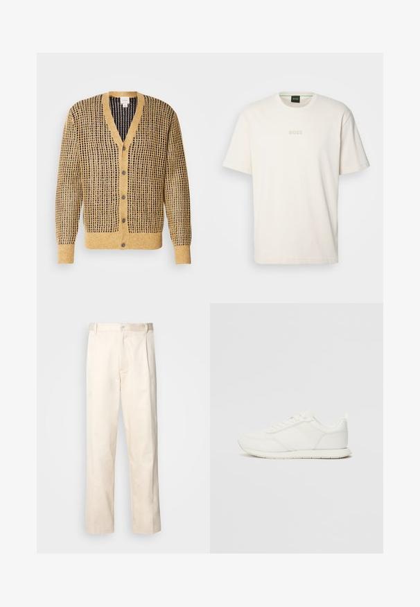 Cardigan lavorato a maglia in senape e navy, caratterizzato da un motivo testurizzato, scollo a V e cinque bottoni sul davanti. Maniche lunghe.; BOSS TEE - T-shirt basic - open white; Pantaloni in cotone beige con taglio dritto, dotati di chiusura a bottone e pence sul davanti per un tocco di dettaglio in più.; Sneaker bianco con tomaia in rete e materiale sintetico, punta tonda, lacciuoli piatti e una striscia laterale testurizzata. Suola in gomma con linguetta sul retro.